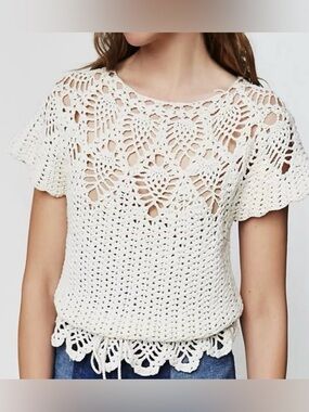 Free People Vintage 60s Crochet Tie Waist Top Ivory OS